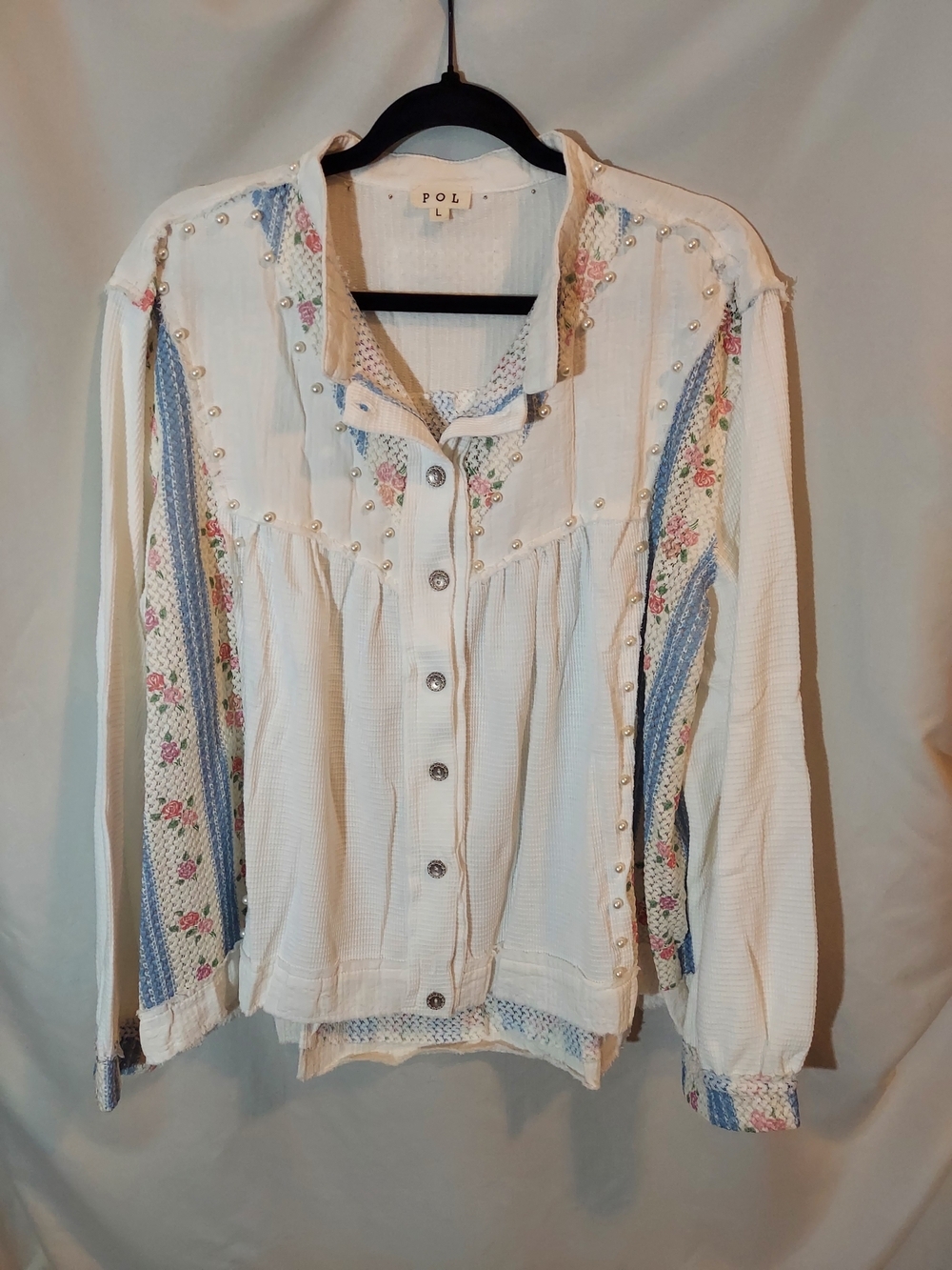 POL NWOT Clothing Cottagecore Floral Patchwork Balloon Sleeve Pearl Jacket L
